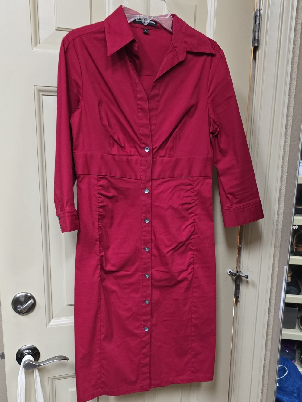 Express Button-Front Collared Long Sleeve Dress - Berry Red,size 2